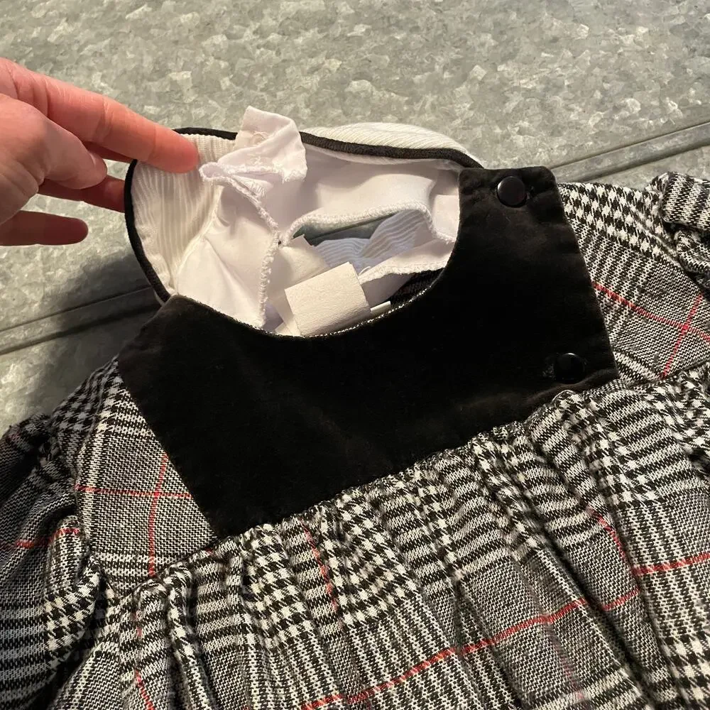 Vintage YSL Yves Saint Laurent Girls Dress 4 Long Sleeve Plaid Velvet Gray Black